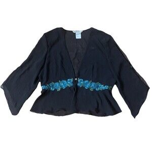 Plaza South Womens Black Sheer Floral Embroidered Open Front Blouse‎ Top Size 16
